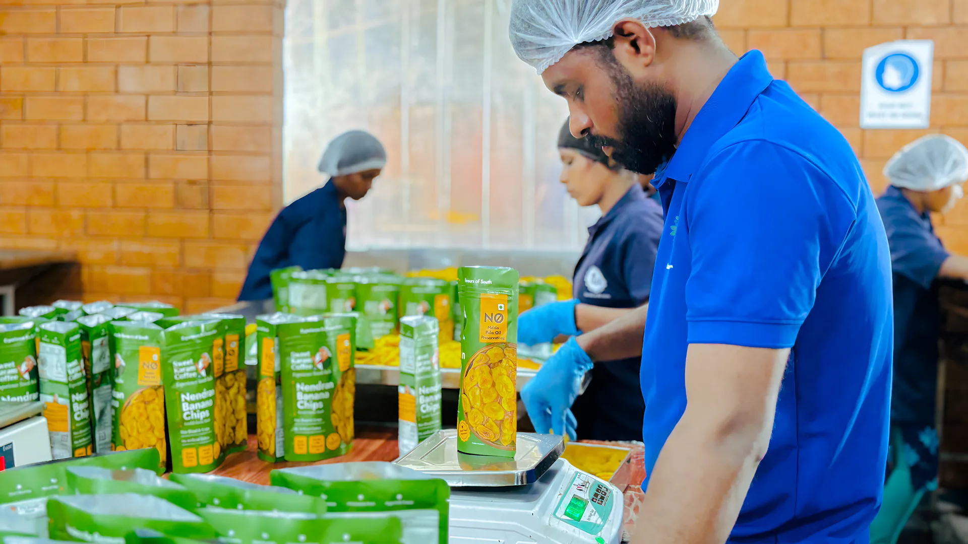 Banana chips being packed