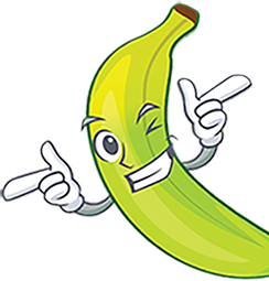 Banana mascot pointing toward the products